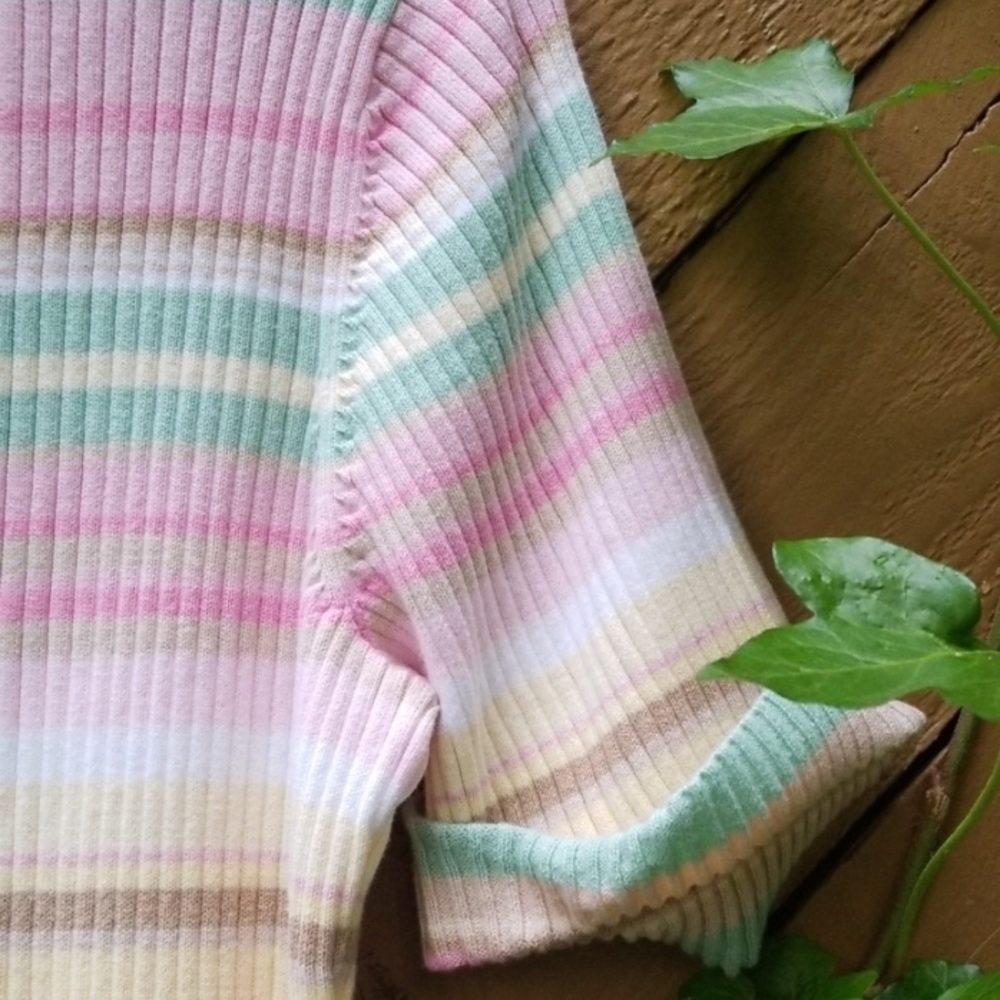 VINTAGE Liz Claiborne Sweater elbow sleeve Pastel Rainbow striped ribbed cotton - Picture 6 of 12